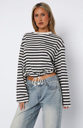First Time Here Long Sleeve Tee Charcoal/Cream Stripe