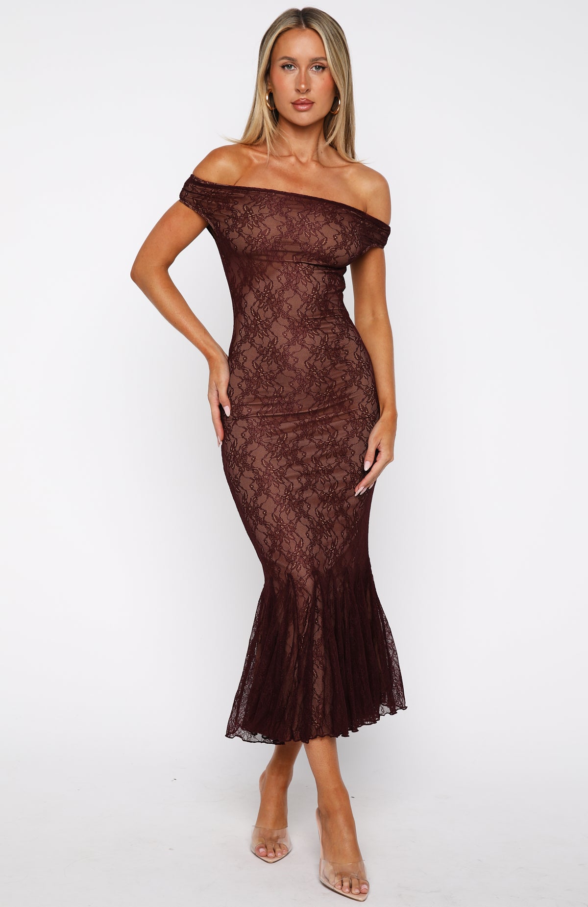 Defied The Odds Off Shoulder Lace Maxi Dress Wine