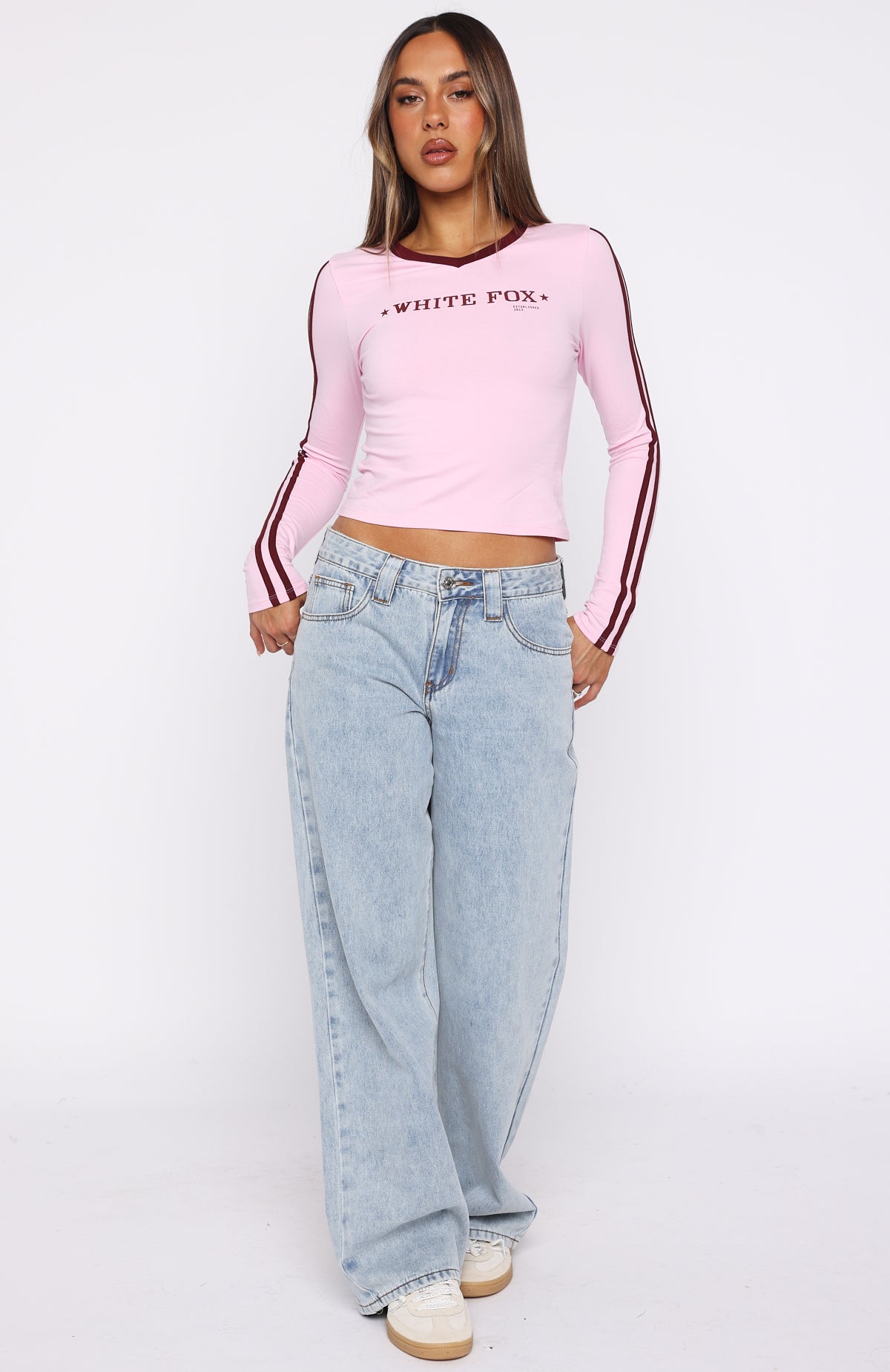 Star Of The Night Long Sleeve V Neck Baby Tee Pink