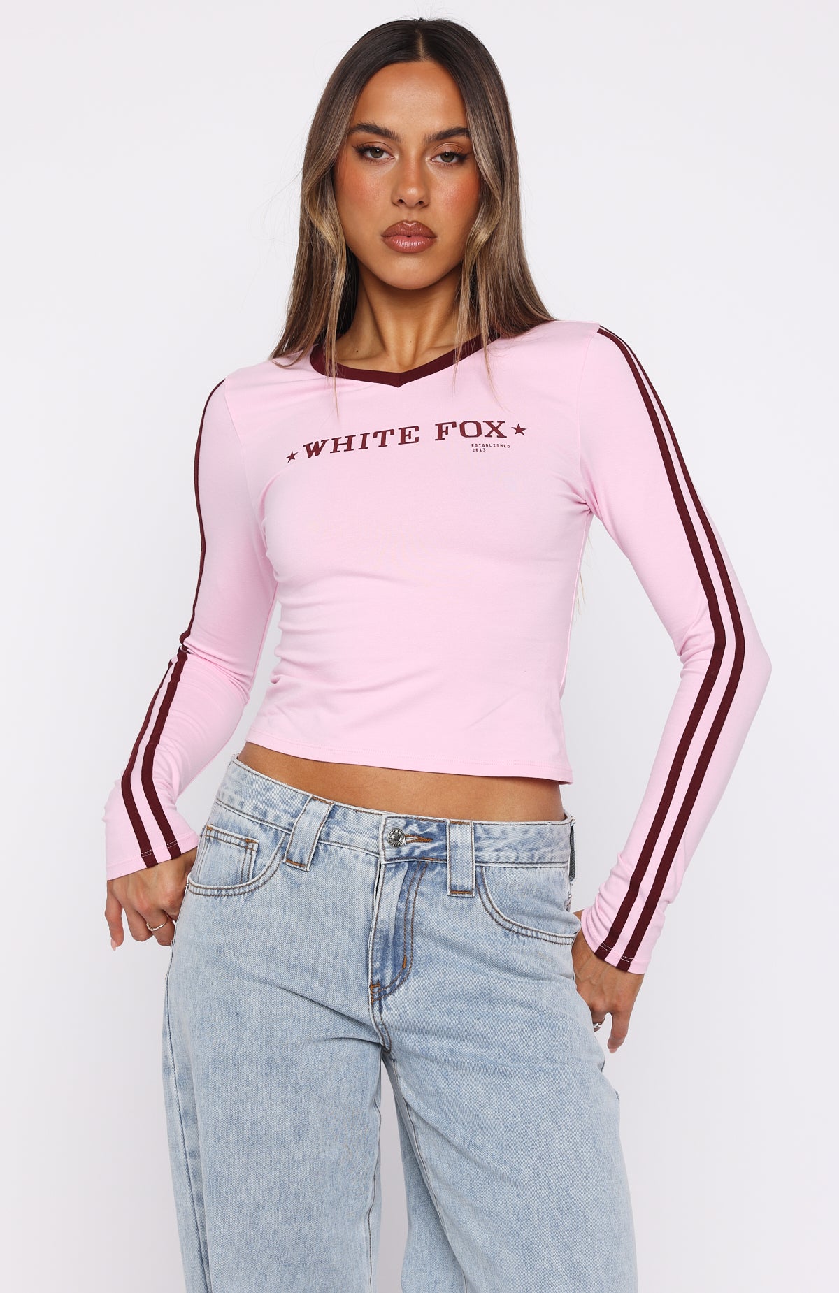 Star Of The Night Long Sleeve V Neck Baby Tee Pink